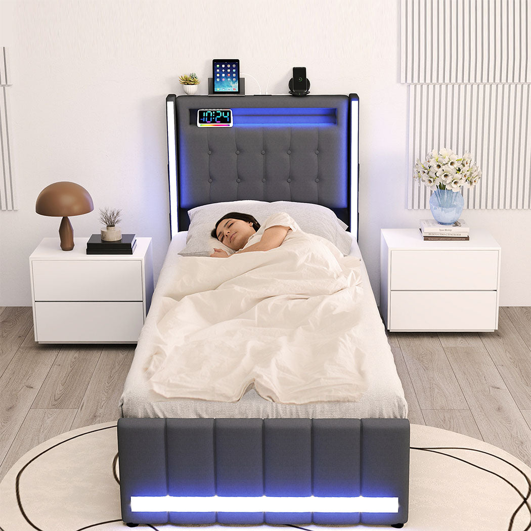 Single Package | Harrison LED Smart Storage Bed Grey & Glay Bonnell Spring Mattress (Medium Firm)