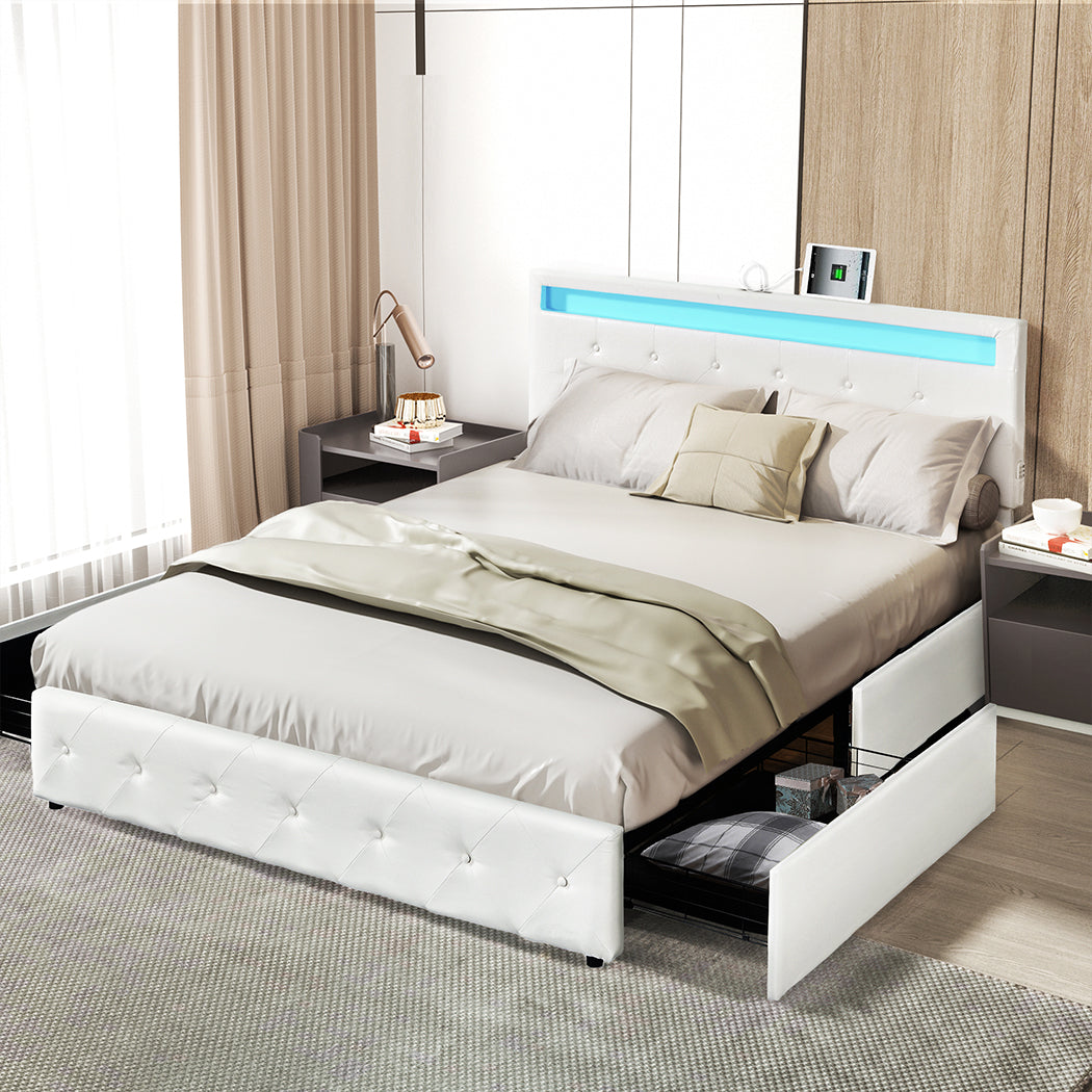 Levede Double Bed Frame RGB LED PU 4 Drawer USB-1910112197502177287