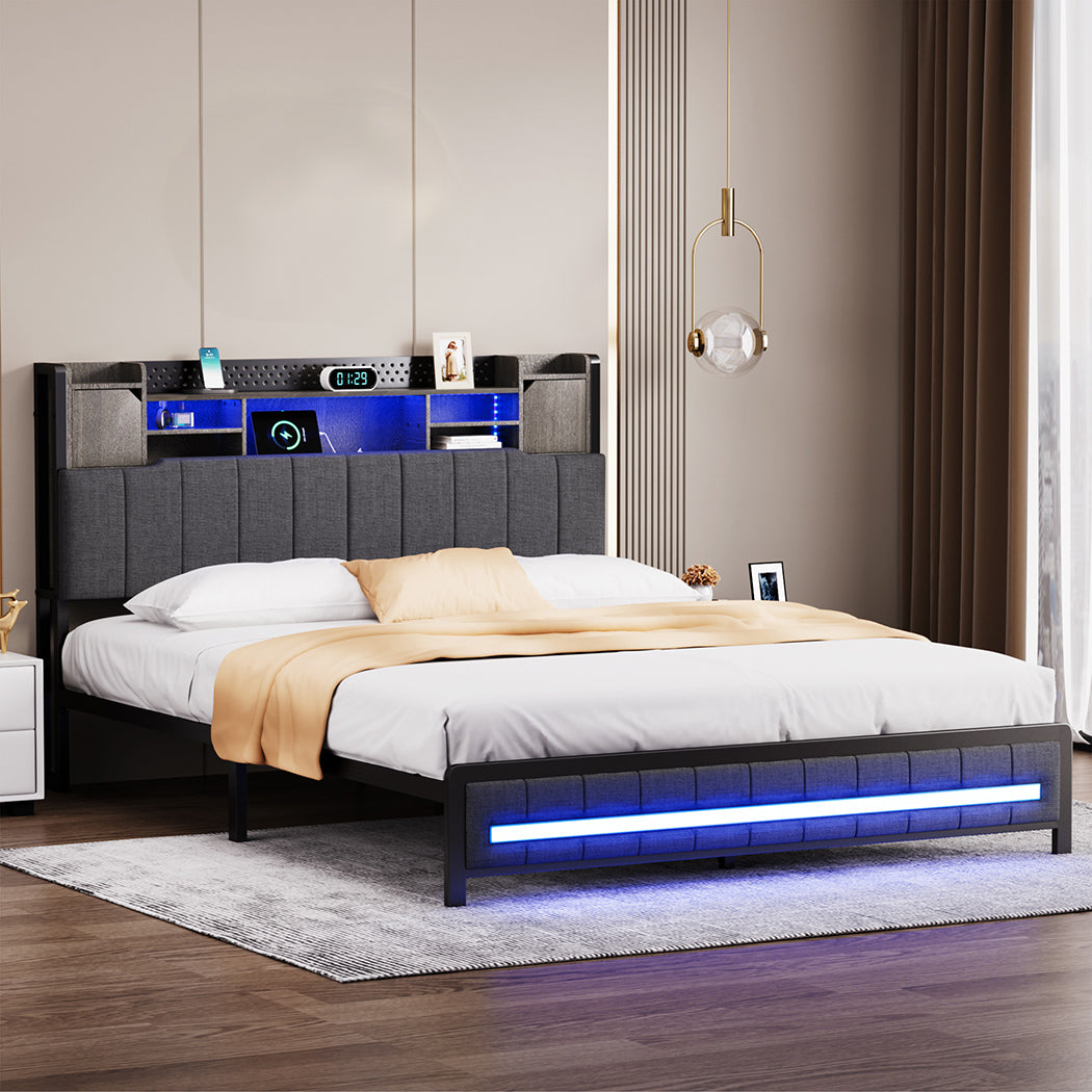 Levede Double Bed Frame with Storage Headboard RGB LED-1910112273175810055