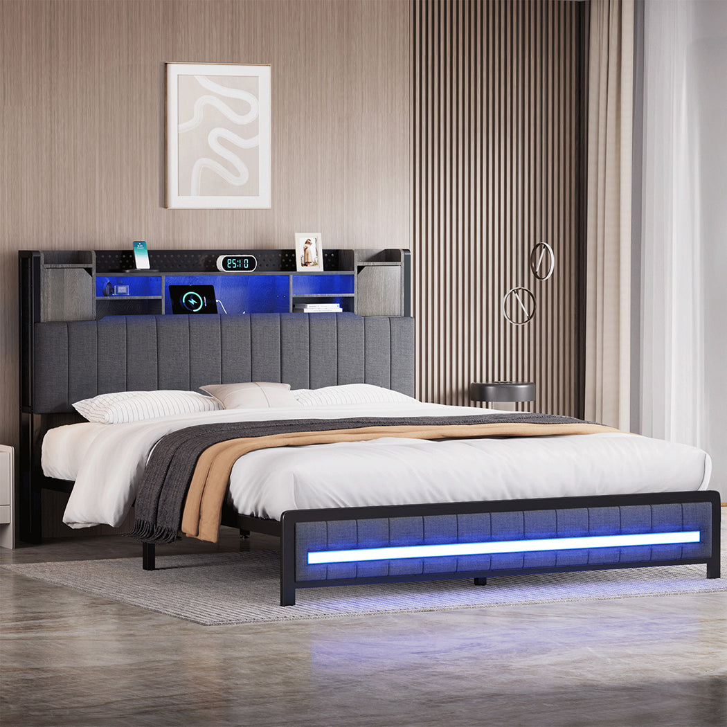 King Package | Elmore LED Bed Frame Grey & Serenity Euro Top Mattress (Medium Firm)