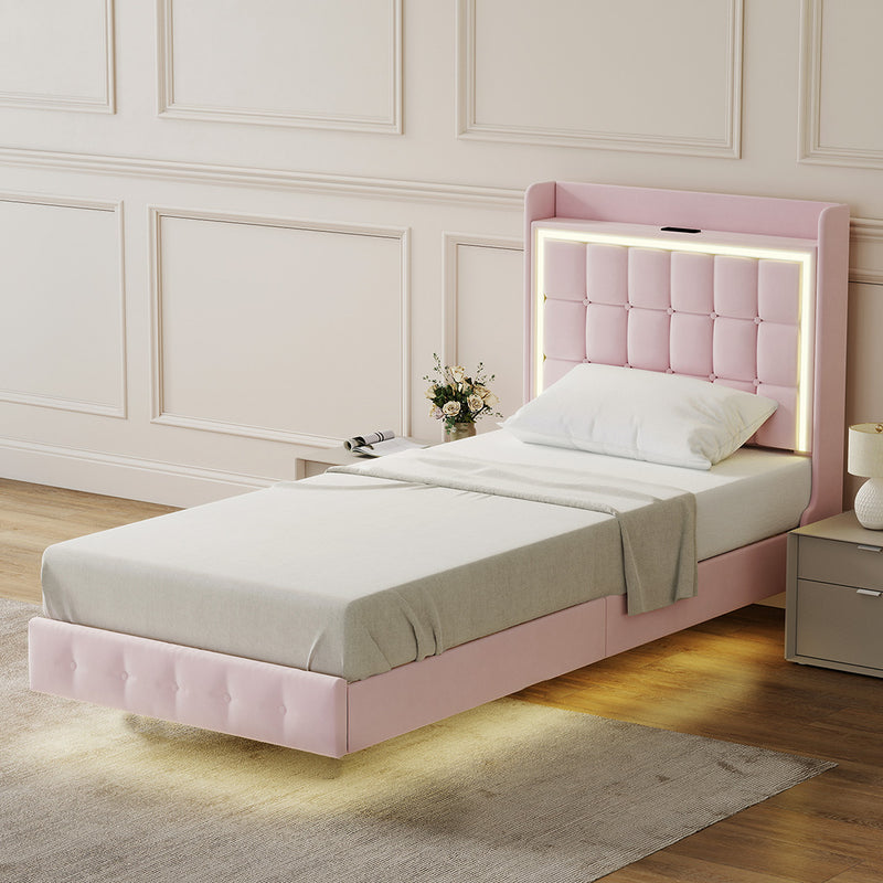 Levede Single Floating Bed Frame LED Headboard USB Pink-1996009956679225351