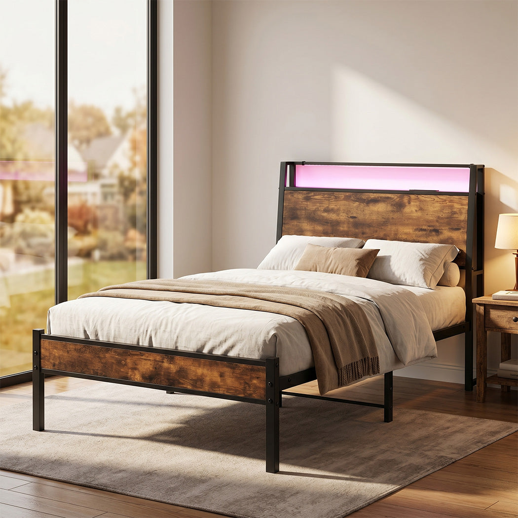 Levede Single Bed Frame LED Lights USB Charging Storage Headboard Metal Platform-2100002239765680135