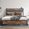 Grange Industrial Queen Bed Frame with Upholstered Headboard & Power Strip – Brown/Grey