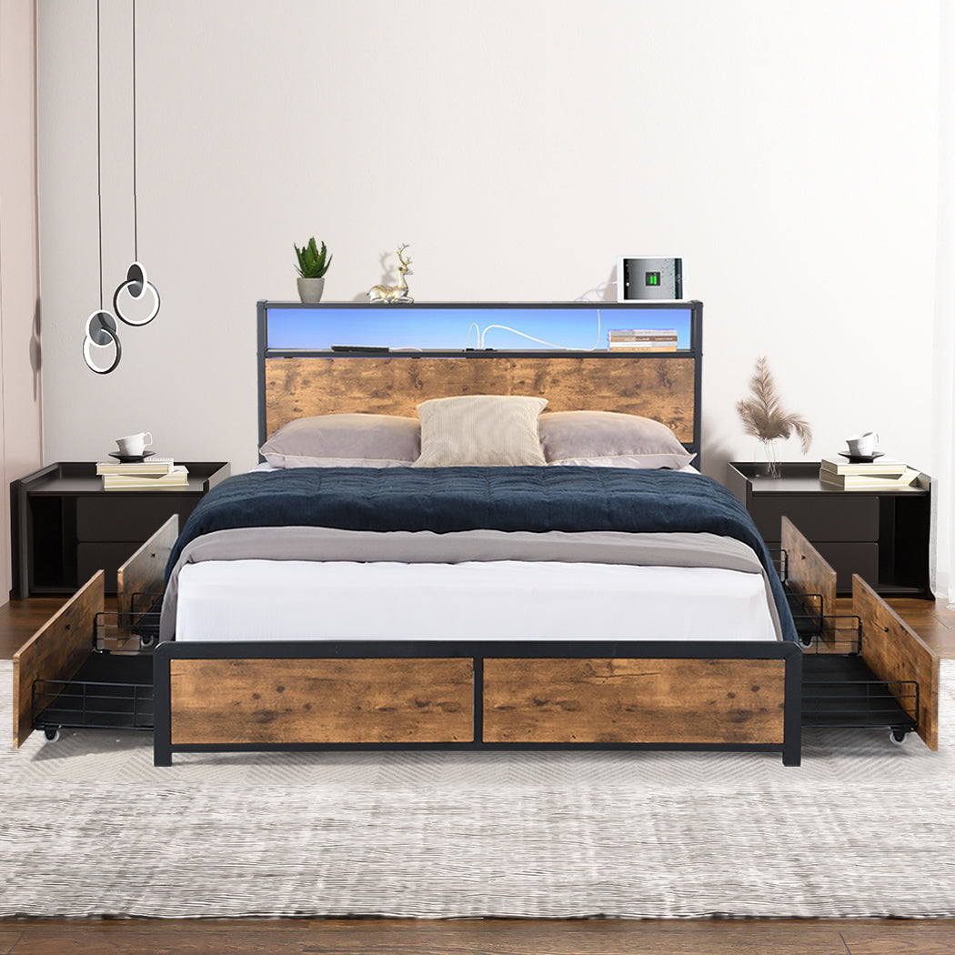 Levede Double Bed Frame RGB LED 4 Drawers USB-1922082151415812103