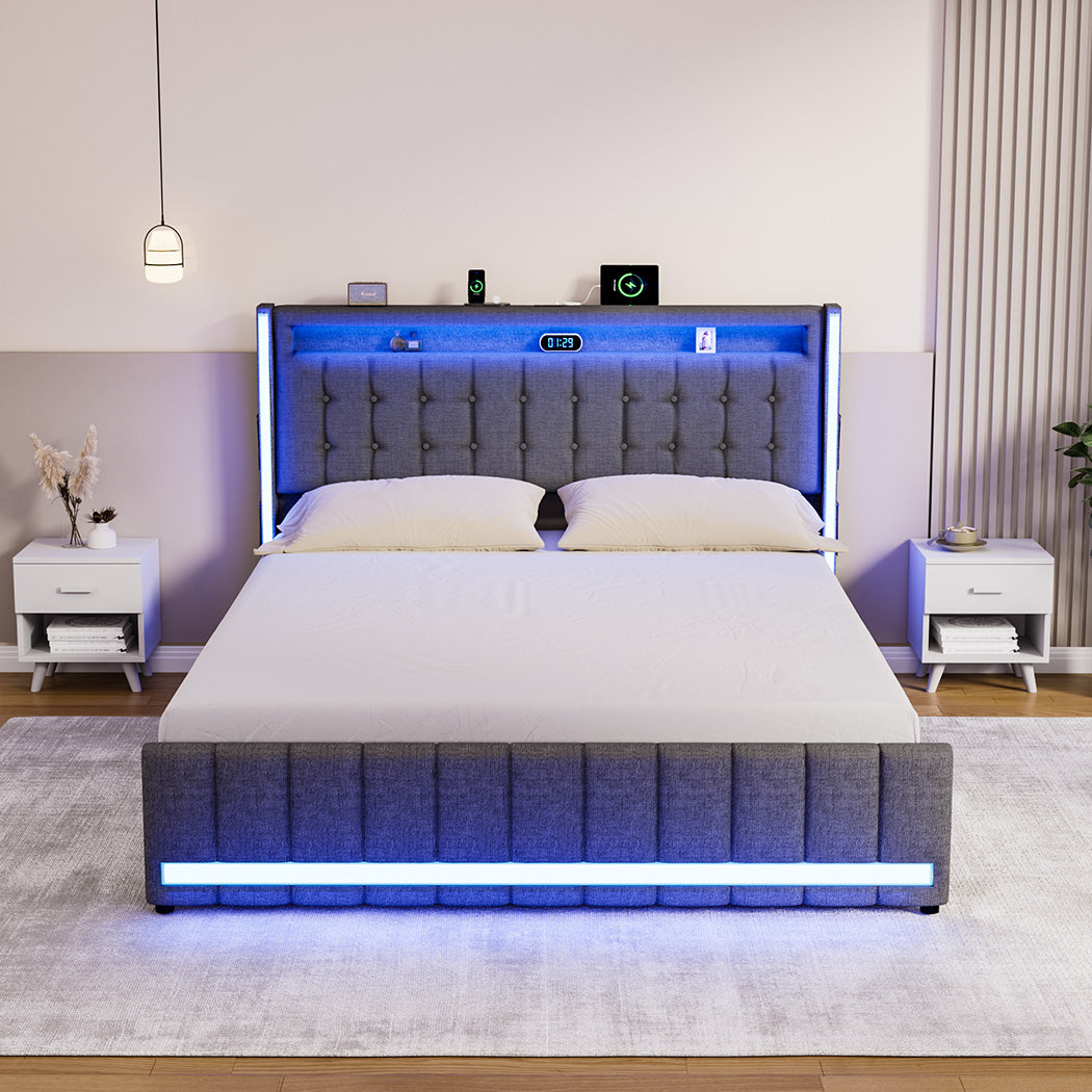 Queen Package | Harrison LED Smart Storage Bed Frame Grey & Serenity Euro Top Mattress (Medium Firm)