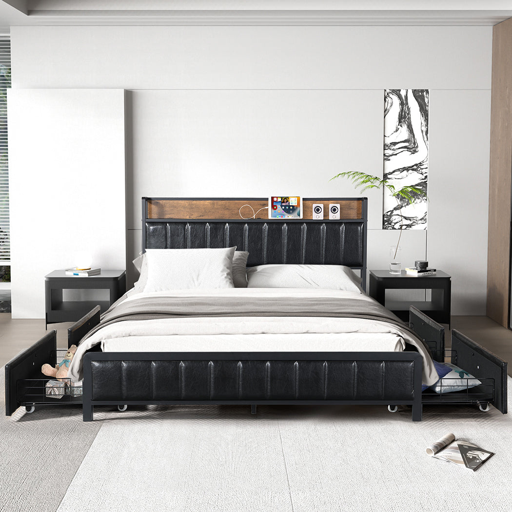 Levede Queen Bed Frame PU 4 Drawer USB Charge-1954802934239858695
