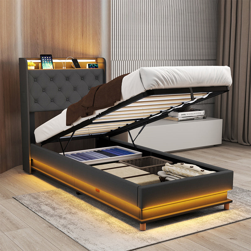 Levede Single Bed Frame Gas Lift Storage LED Light USB-1973194180511535111