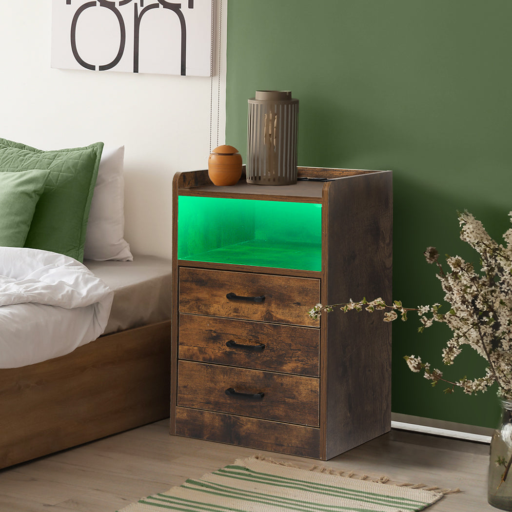 Levede Bedside Table USB Charger Outlet LED Oak-1910112204938678275