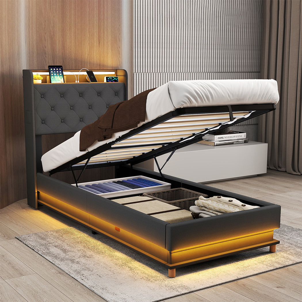 Single Package | Mitchell LED Gas Lift Storage Bed Grey & Glay Bonnell Spring Mattress (Medium Firm)