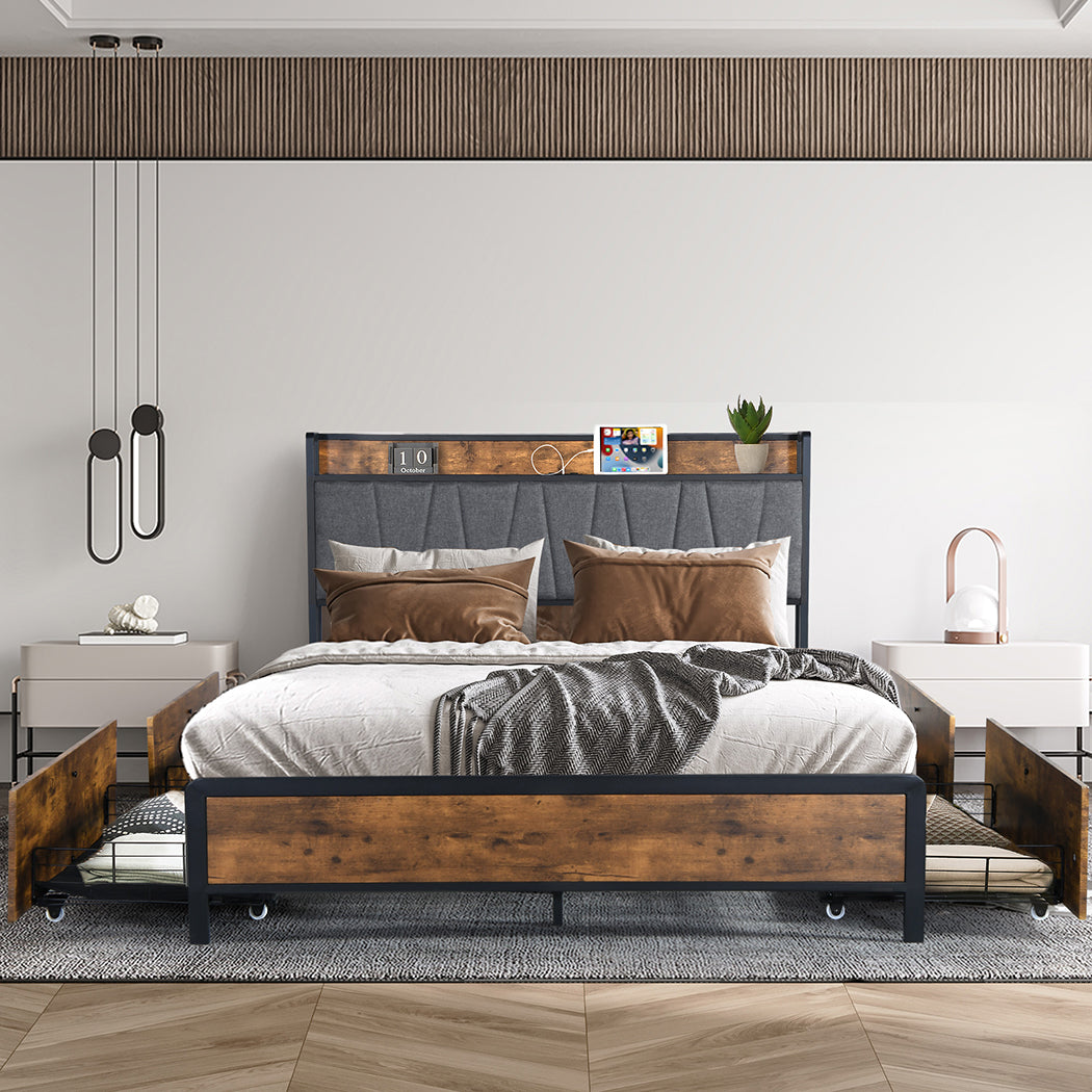 Levede Queen Bed Frame Soft Storage Drawers Headboard USB Charge-1954802934449573895