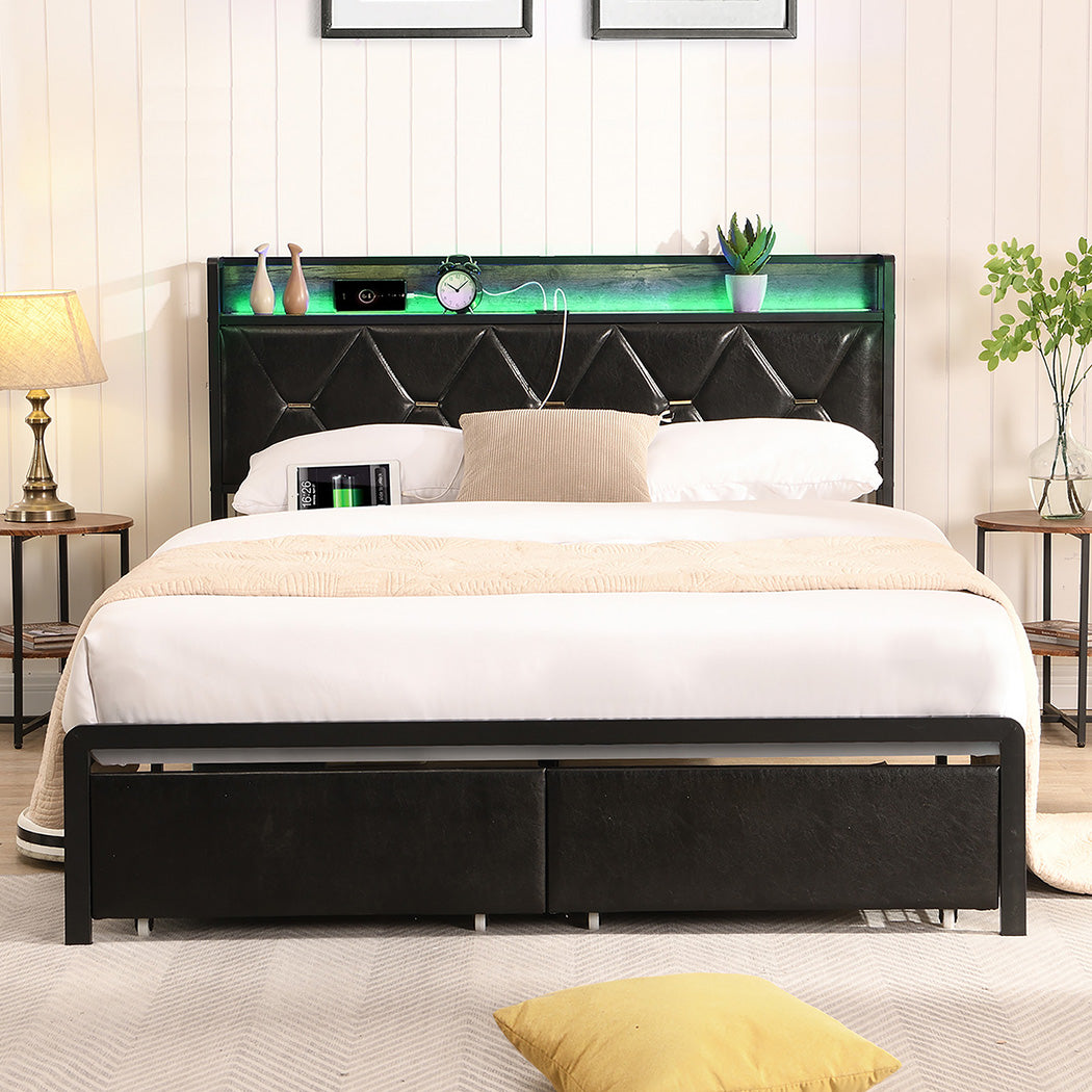 Queen Package | Waverton Storage Bed with LED Headboard Black & Serenity Euro Top Mattress (Medium Firm)