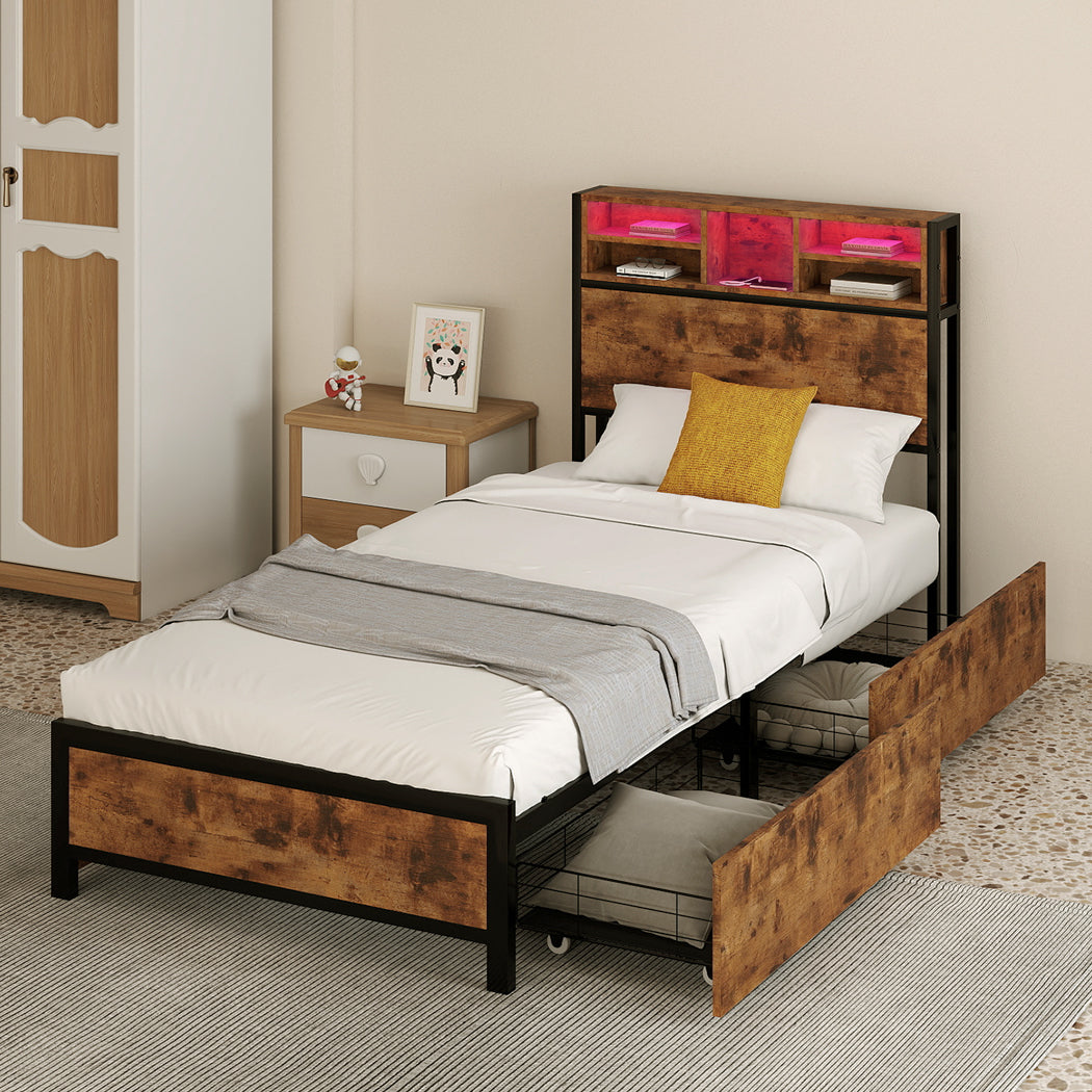 Single Package | Knoxford LED Storage Bed Frame Industrial & Glay Bonnell Spring Mattress (Medium Firm)