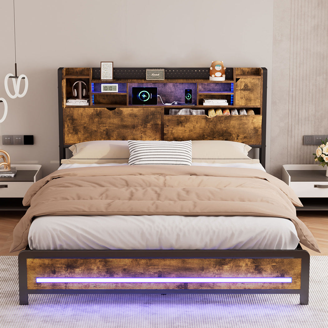 Levede Double Bed Frame Storage Headboard Industrial-1954802449265070087