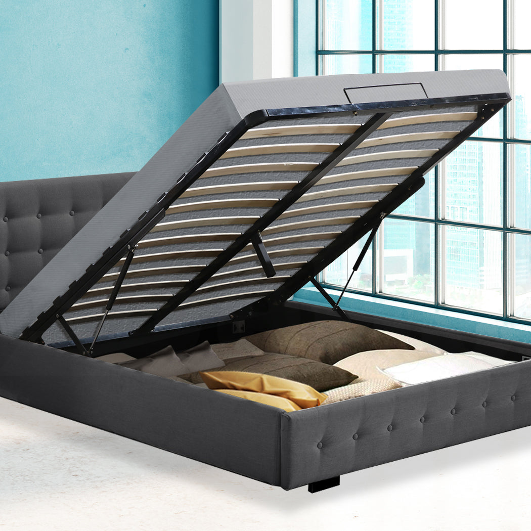 Levede Gas Lift Bed Frame Fabric Base Double Dark Grey-1910113203266916359