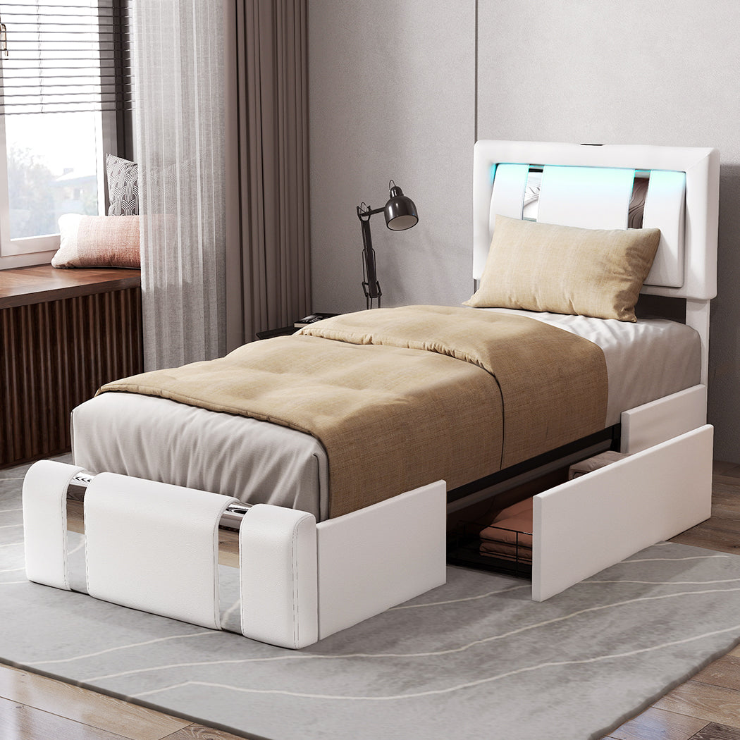 Brighton LED Storage Single Bed Frame with USB Charging - White in modern bedroom with beige bedding and storage drawer open