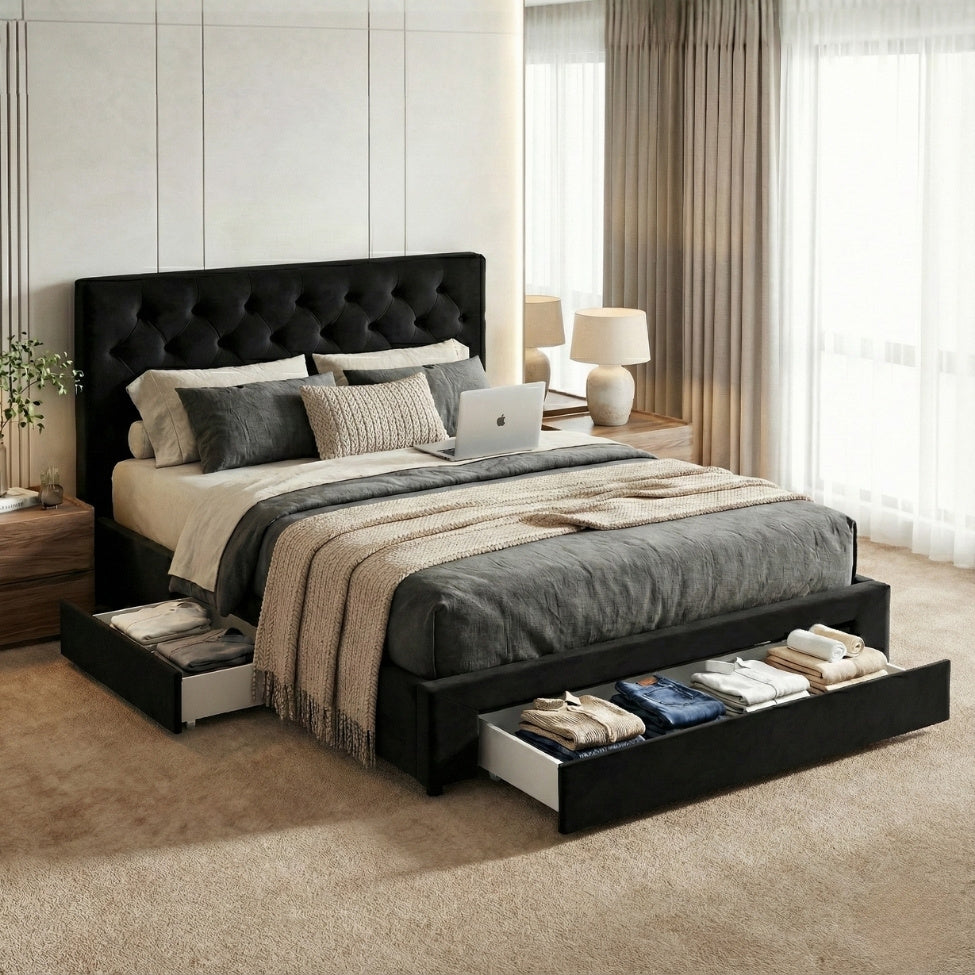 Lunara King Upholstered Storage Bed with Drawers & Charging Station – Black
