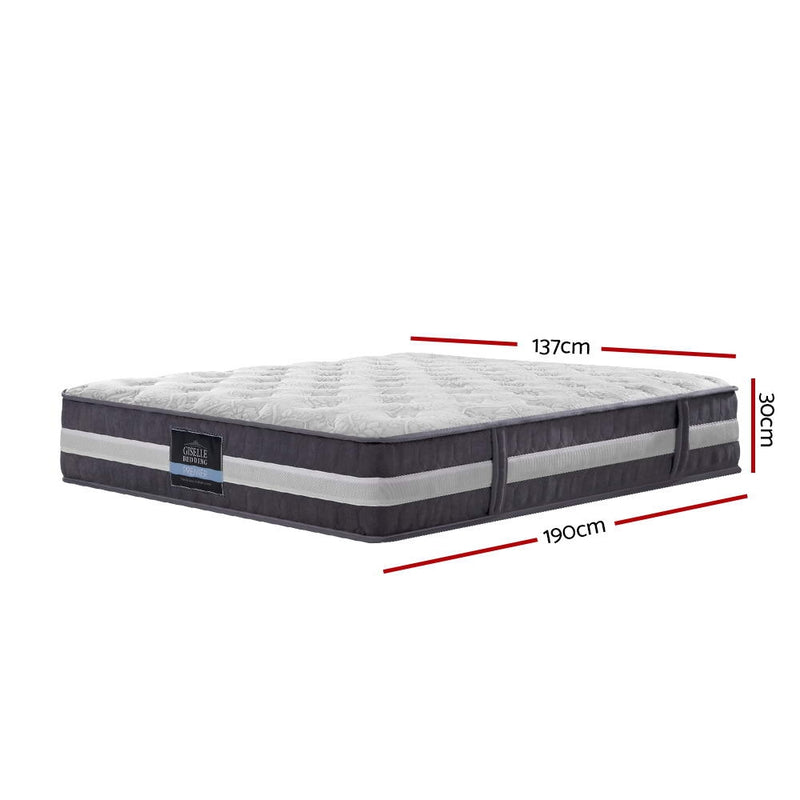 Lotus Tight Top Pocket Spring Mattress 30cm Thick - Double with quilted top and side handles displayed with dimensions