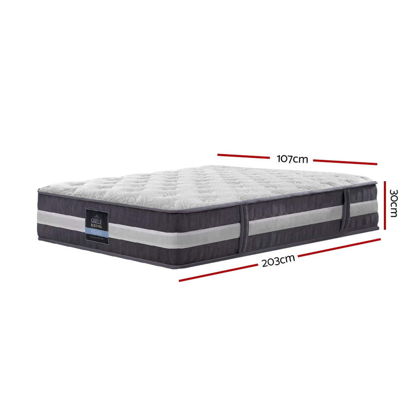 Lotus Tight Top Pocket Spring Mattress 30cm Thick - King Single with gray and white fabric, showing dimensions 203x107x30cm