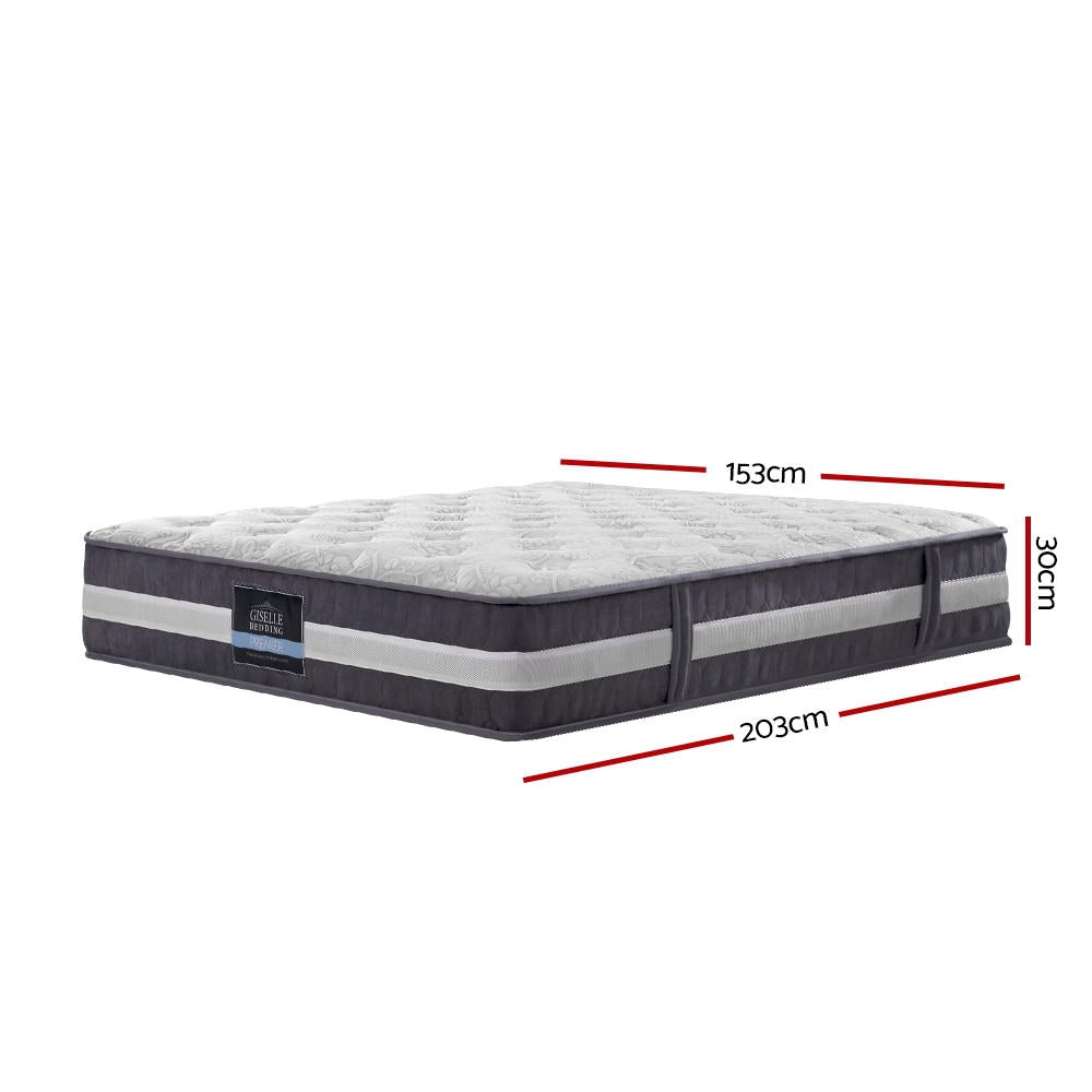 Lotus Tight Top Pocket Spring Mattress 30cm Thick - Queen with grey sides and quilted top, shown with dimensions