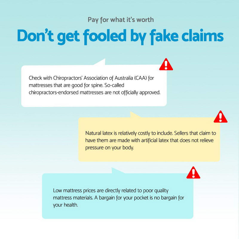 Informational graphic warning against fake mattress claims, promoting Normay Bonnell Spring Mattress 21cm Thick - King Single.