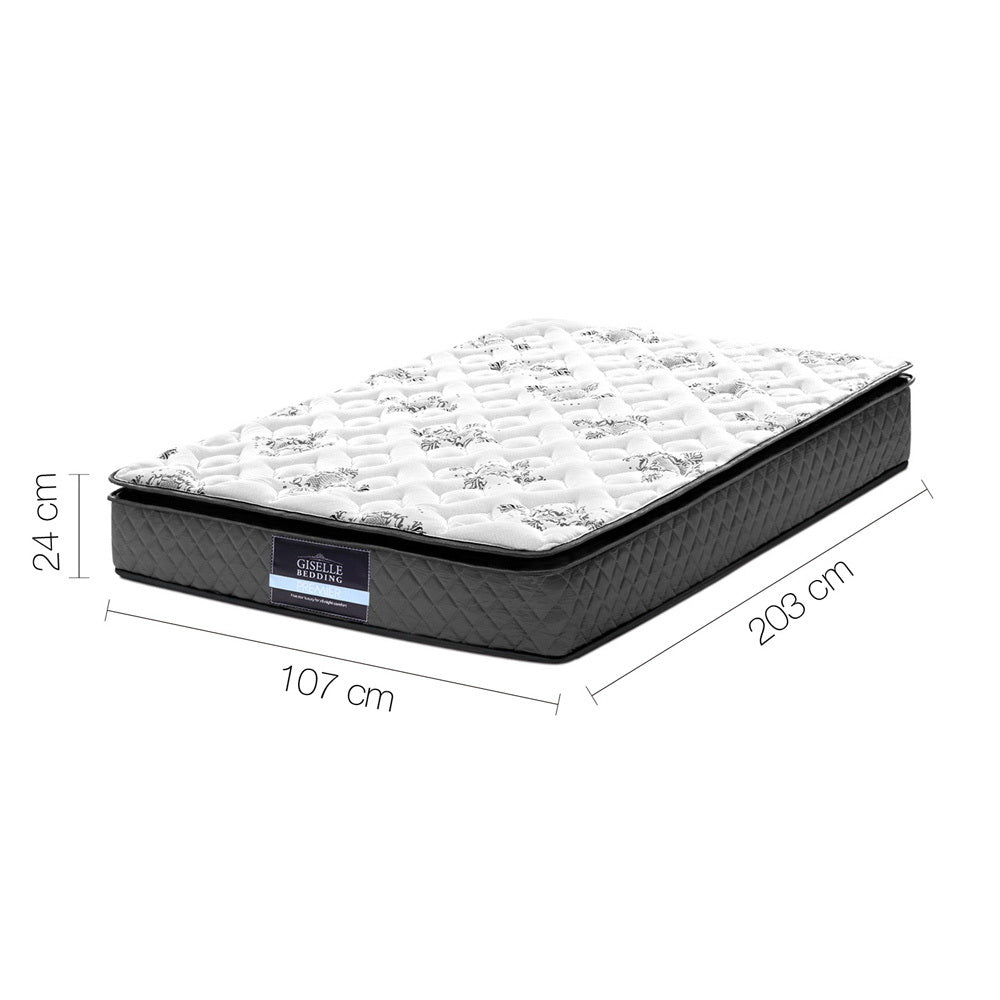Rocco Bonnell Spring Mattress 24cm Thick - King Single with quilted top and black patterned side panel, shown with dimensions
