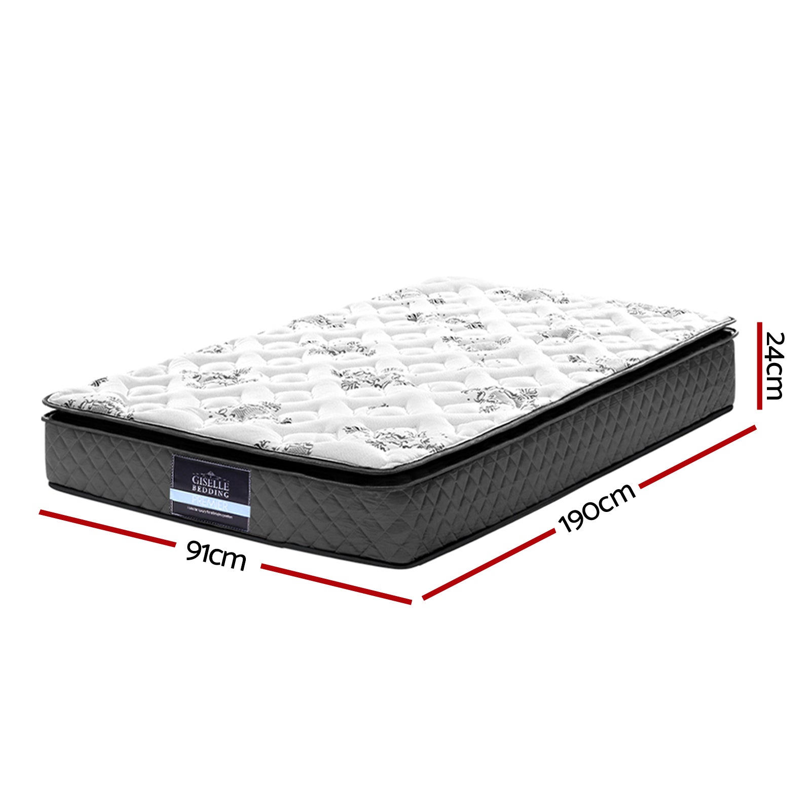 Rocco Bonnell Spring Mattress 24cm Thick - Single with quilted top, black side, and detailed stitching for bedroom furniture.