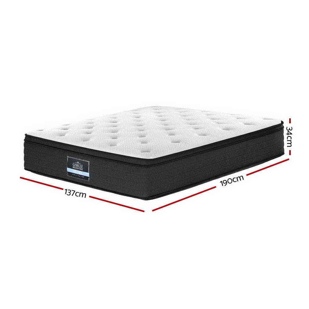 Eve Euro Top Pocket Spring Mattress 34cm Thick - Double with black base and white quilted top, dimensions shown in red