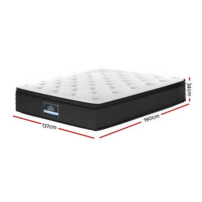 Eve Euro Top Pocket Spring Mattress 34cm Thick - Double with black base and white quilted top, dimensions shown in red