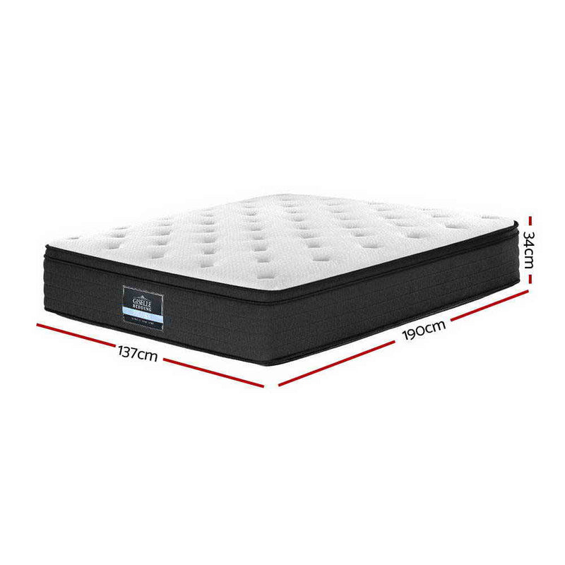Eve Euro Top Pocket Spring Mattress 34cm Thick - Double with black base and white quilted top, dimensions shown in red