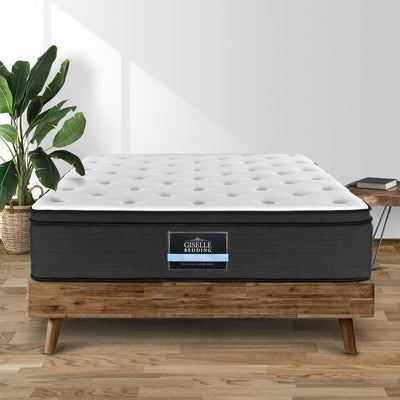 Eve Euro Top Pocket Spring Mattress 34cm Thick - Queen with tufted white top and dark gray sides on wooden platform bed