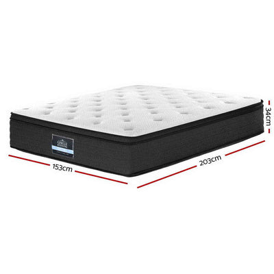 Eve Euro Top Pocket Spring Mattress 34cm Thick - Queen with white quilted top and black sides shown with measurements
