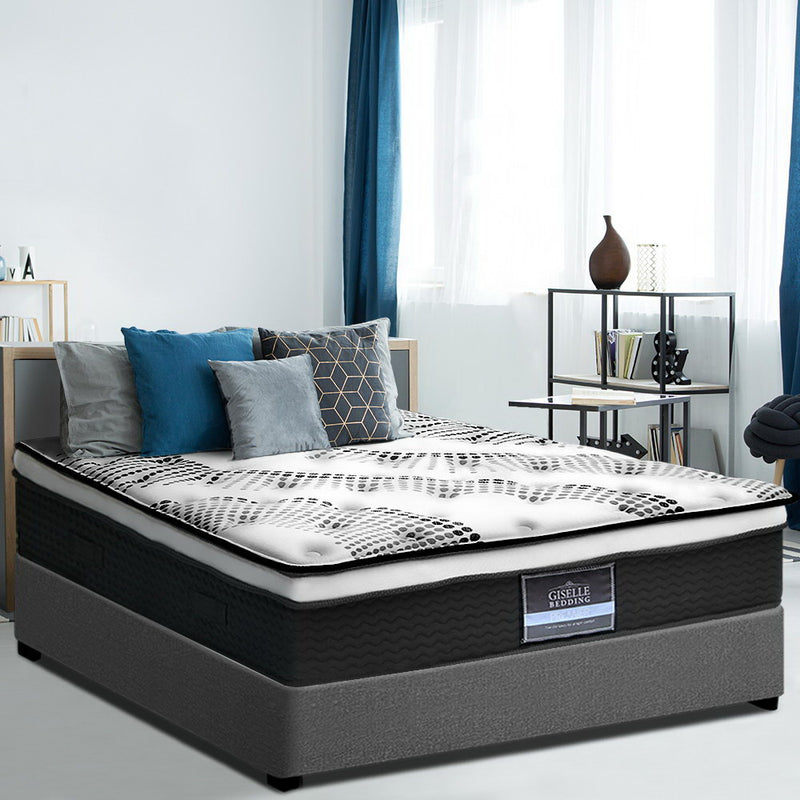 Como Euro Top Pocket Spring Mattress 32cm Thick - Double with patterned top, set on gray bed base in modern bedroom setting