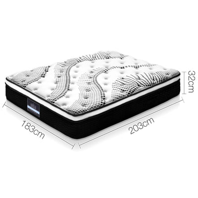 Como Euro Top Pocket Spring Mattress 32cm Thick - King with plush quilted top and black fabric sides showing dimensions of 183x203x32cm