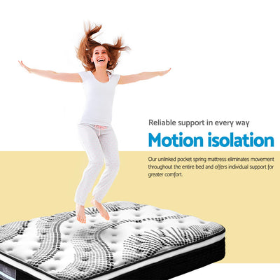 Como Euro Top Pocket Spring Mattress 32cm Thick - King Single showing motion isolation with a woman jumping on mattress