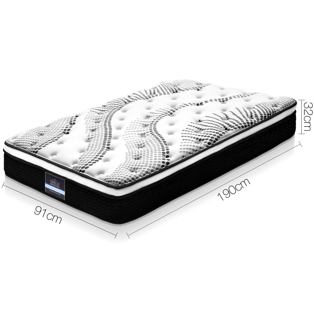 Como Euro Top Pocket Spring Mattress 32cm Thick - Single with tufted quilted top and black edge detailing, shown with size dimensions