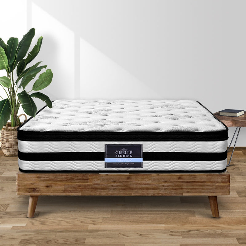 Algarve Euro Top Pocket Spring Mattress 34cm Thick - Double on wooden bed frame with plant and side table