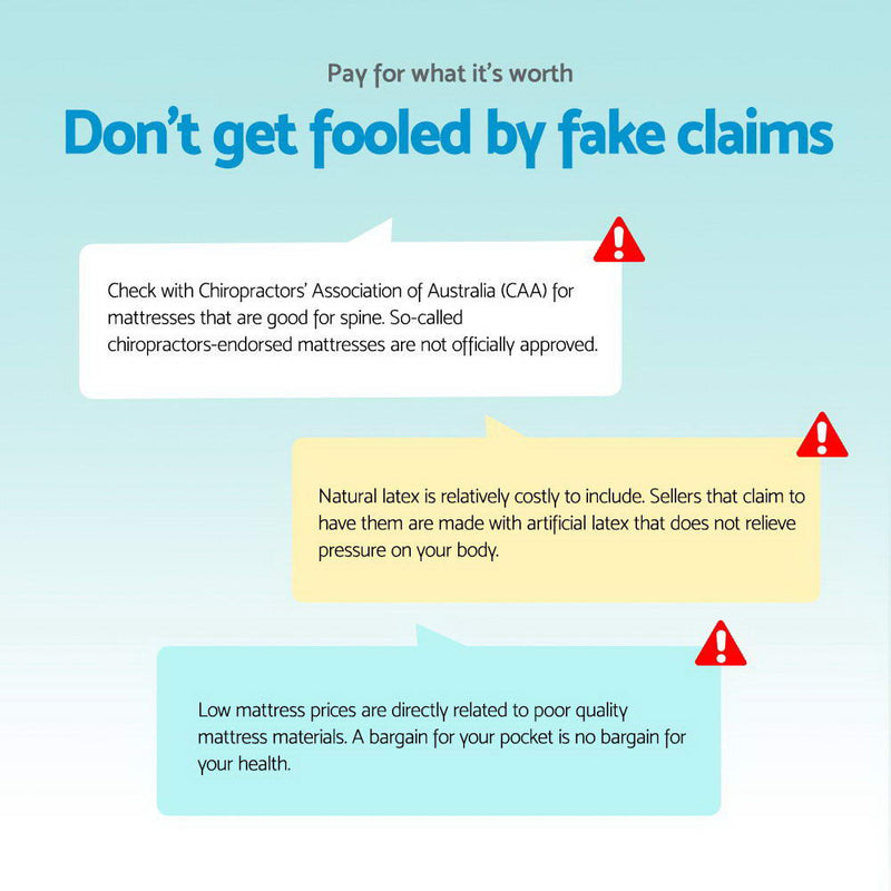 Informative graphic warning about fake mattress claims, promoting Donegal Euro Top Cool Gel Pocket Spring Mattress 34cm Thick - King quality.