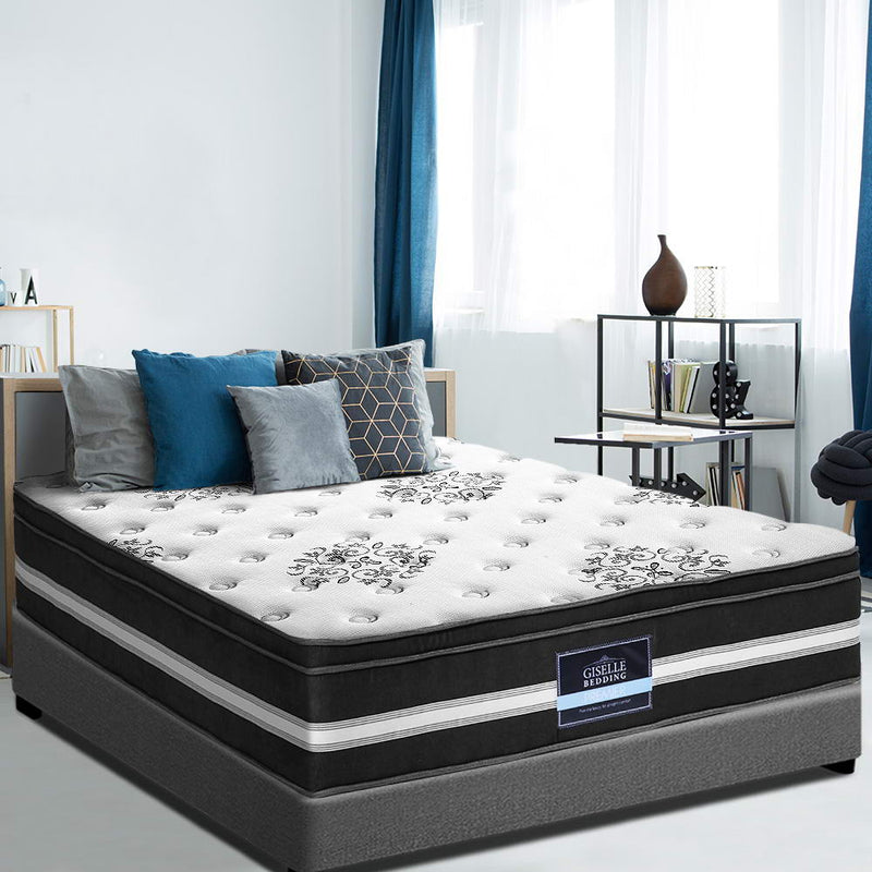 Donegal Euro Top Cool Gel Pocket Spring Mattress 34cm Thick - Single on grey bed frame in bright bedroom setting