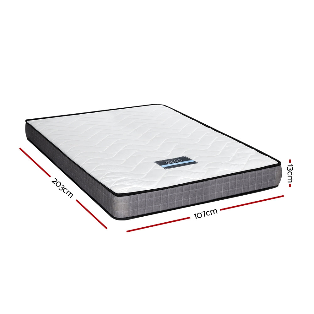 Alessio Series Tight Top Mattress 13CM Thick - King Single with quilted white top and gray sides, shown with size dimensions