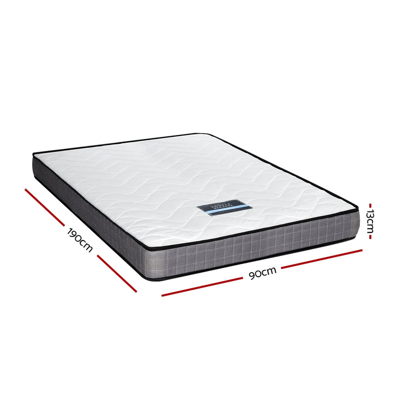 Alessio Series Tight Top Mattress 13CM Thick - Single with white quilted top and gray sides shown with dimensions