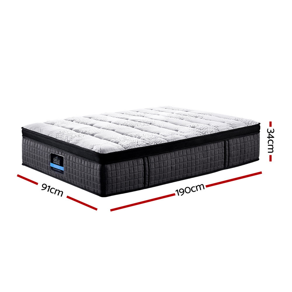 Marc Series Euro Top Mattress 34cm Thick - Single with quilted top and detailed side stitching shown with dimensions on white background
