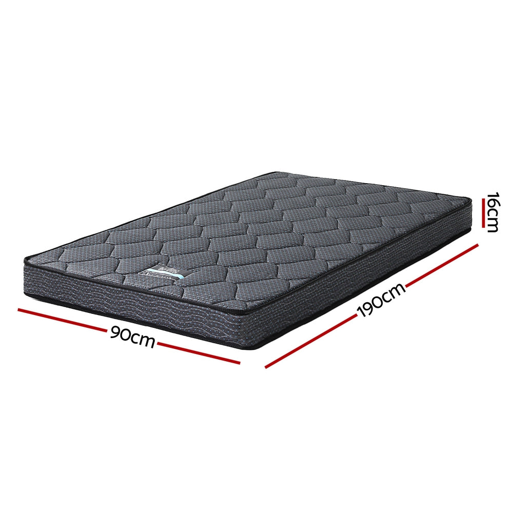 Serena Series Bonnell Spring Mattress 16cm Thick - Single in dark gray with quilted top and size measurements visible