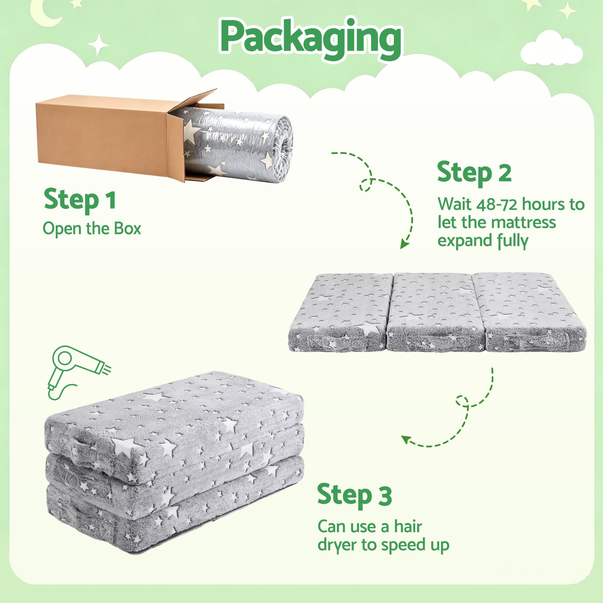 Foldable Travel Cot Mattress with Glow-in-the-Dark Cover - Blue