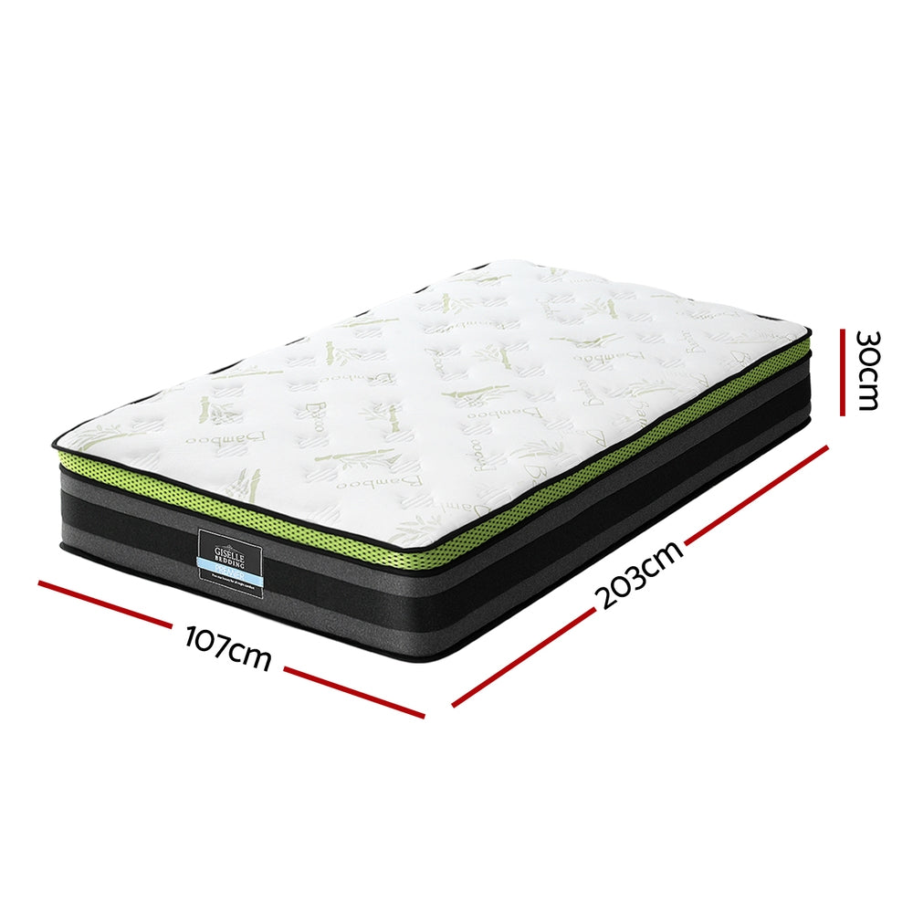 Tiberius Series Cool Gel Mattress 30cm Thick - King Single with white quilted top and black base, shown with dimensions