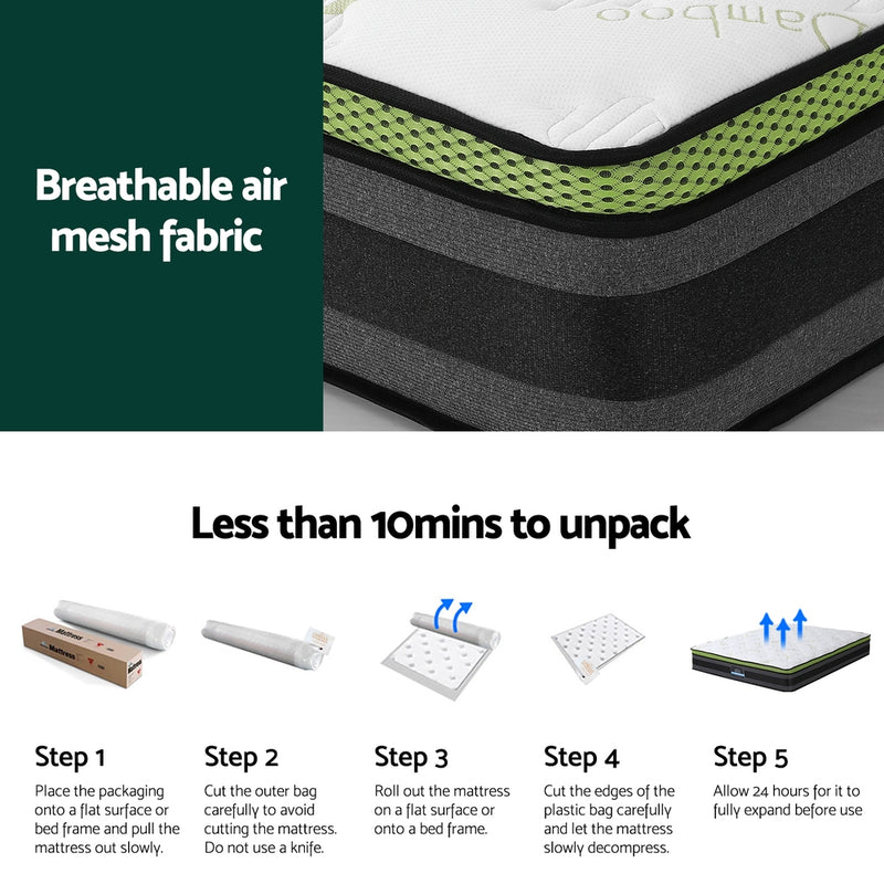 Tiberius Series Cool Gel Mattress 30cm Thick - Queen with breathable air mesh fabric and easy unpacking steps displayed