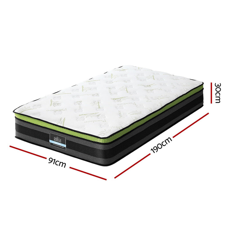 Tiberius Series Cool Gel Mattress 30cm Thick - Single with white top, black sides, green trim, shown with size dimensions.