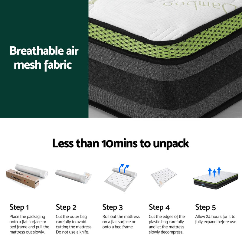 Close-up of Tiberius Series Cool Gel Mattress 30cm Thick - Single showing green breathable air mesh fabric and unpacking steps with packaging box.