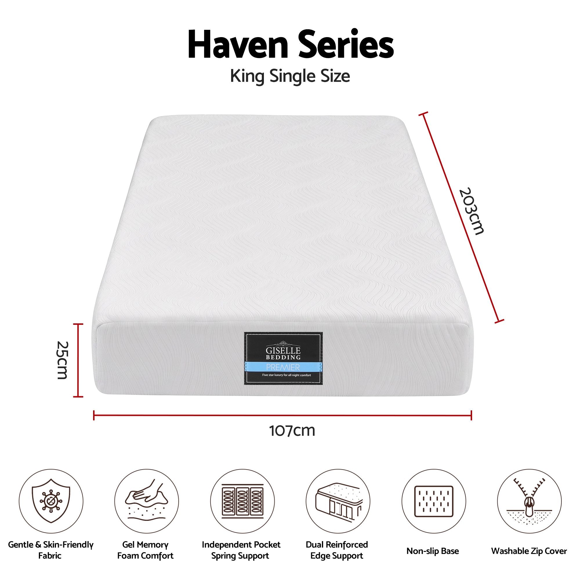 25cm King Single Hybrid Mattress with Gel Foam and Edge Support - White