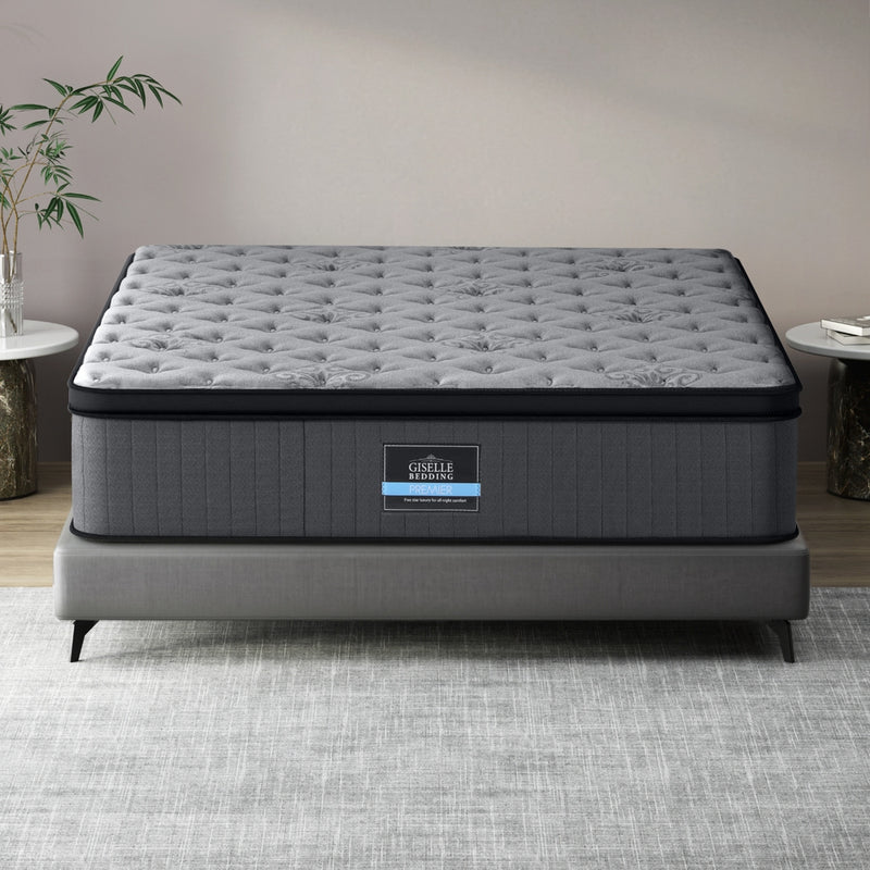 Solene Series Euro Top Mattress 34cm Thick - Double with gray tufted top, medium-firm support, on gray bed frame