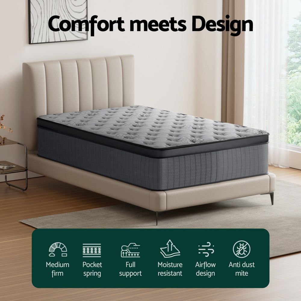 Solene Series Euro Top Mattress 34cm Thick - King Single on beige bed frame, medium firm, pocket spring design